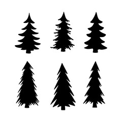 Isolated Pine on the white background. Pine silhouettes. Christmas elements. Vector illustration. Design, packaging, wallpaper.