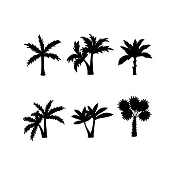 Set of Palm trees black silhouettes. Vector palm trees silhouettes. Hand drawn relax palm tree drawings for sea and beach travel designs.