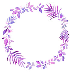 light purple wreath of leaves painted with a brush and watercolor on a white background. background for your text or logo.