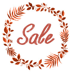 orange wreath of fall leaves painted with brush and watercolor on a white background with the inscription sale.