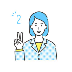 笑顔で指を2本立てたピースサインでスーツ姿の若い女性の上半身イラスト