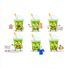 A Rich melon milk with boba mascot design style going shopping