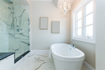 Bright Clean Luxurious Bathroom with Shower Chandelier Window Light Frames