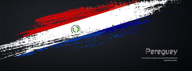 Grunge brush of Paraguay flag on shiny black background. Creative glitter sparkle brush paint vector illustration - obrazy, fototapety, plakaty