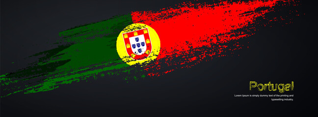 Grunge brush of Portugal flag on shiny black background. Creative glitter sparkle brush paint vector illustration