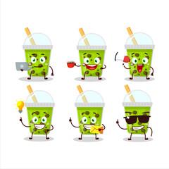 Melon milk with boba cartoon character with various types of business emoticons