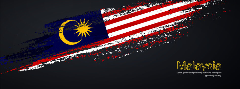 Grunge brush of Malaysia flag on shiny black background. Creative glitter sparkle brush paint vector illustration