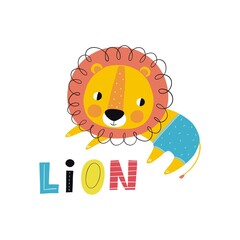 Obraz premium Cute lion cartoon vector illustration. Wild lion in exotic tropical leaves. Hand drawn vector illustration for posters, cards, t-shirts.