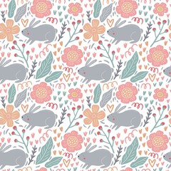 Spring hand drawn ornament pattern flowers, leaves and rabbit. Fresh pattern for hom decor. Hello Spring seamless pattern