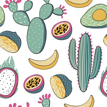 Seamless Hand drawn cactus print. Summer print with cactus and fruit - lemon, passion fruit, banana, dragon fruit