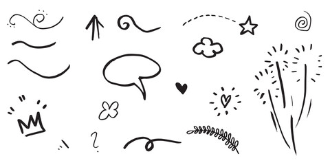 hand drawn set of curly swishes, swashes, swoops. Abstract arrows,  Arrow, heart, love, star, leaf, sun, light, crown, king, queen, on doodle style for concept design. vector illustration.