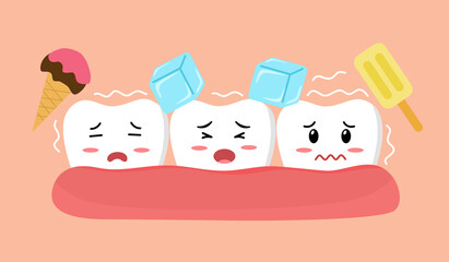 Sensitive teeth cartoon character with ice and ice cream in flat design. Tooth sensitivity symptom concept. - obrazy, fototapety, plakaty