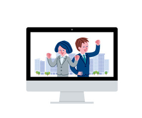 会社員が映っているデスクトップパソコンのイラスト
