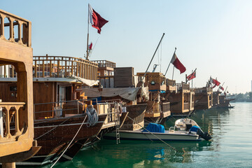 Traditional wooden boat (dhow) in Doha Corniche, Qatar, Middle East