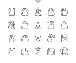 Plastic bags. Packaging, shopping, polyethylene, disposable, recycling, store and shop. Plastic water pollution. Pixel Perfect Vector Thin Line Icons. Simple Minimal Pictogram