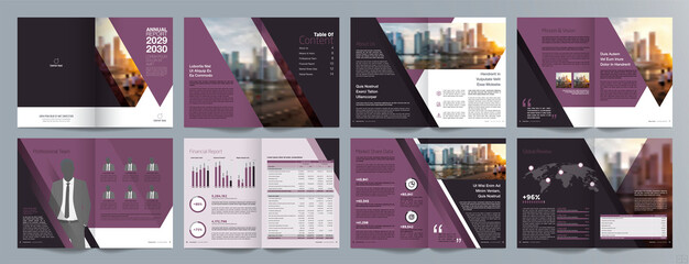 Corporate business presentation guide brochure template, Annual report, 16 page minimalist flat geometric business brochure design template, A4 size.