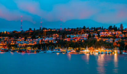 Seattle-Boats docked at sunset, Seattle,Washington,USA