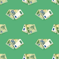Seamless pattern. Folded EU paper money. Euro 100 banknotes are staggered symmetrically on a green background