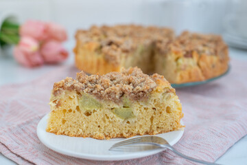 Home made Sweet Rhubarb cake with fresh rhubarb and cinnamon streusel