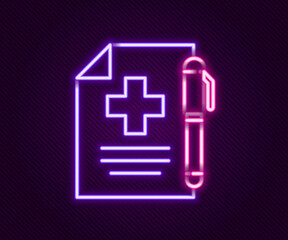 Fototapeta premium Glowing neon line Medical prescription and pen icon isolated on black background. Rx form. Recipe medical. Pharmacy or medicine symbol. Colorful outline concept. Vector