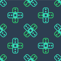 Line Crossed bandage plaster icon isolated seamless pattern on blue background. Medical plaster, adhesive bandage, flexible fabric bandage. Vector