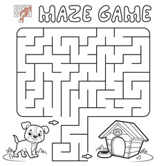 Maze puzzle game for children. Outline maze or labyrinth game with dog.