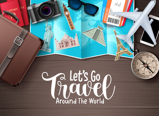 Travel vector design. Let's go travel around the world text in wood space background with traveler elements for trip and tour worldwide destination vacation. Vector illustration. © AmazeinDesign
