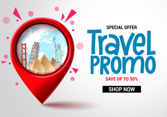 Travel sale vector banner design. Travel promo special offer text with location pin elements for advertising and promotional background. Vector illustration 