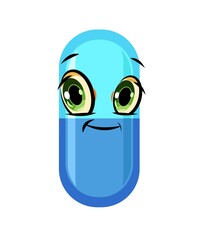 Fun medicine. Illustration for children. Capsule boy. The character smiles. Medicinal drugs. Pharmaceuticals. Ambulance. Pharmacy. Cartoon style. Flat design. Vector