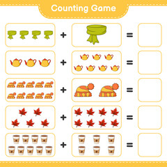 Counting game, count the number of Scarf, Tea Pot, Hat, Maple Leaf, Coffee Cup and write the result. Educational children game, printable worksheet, vector illustration