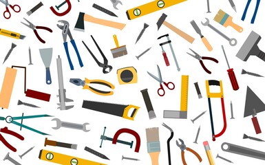 Plakat Construction tools. Background. For work as a painter, carpenter, builder, handyman. Repair and construction services. Sale of tools. Hammer, pliers, saw, scissors, brushes.