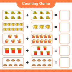 Counting game, count the number of Slippers, Tea Cup, Book, Jam, Pie and write the result. Educational children game, printable worksheet, vector illustration