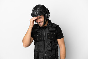 Young caucasian swat isolated on white background laughing