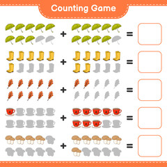Counting game, count the number of Umbrella, Rubber Boots, Oak Leaf, Coffee Cup, Mushroom Boletus and write the result. Educational children game, printable worksheet, vector illustration