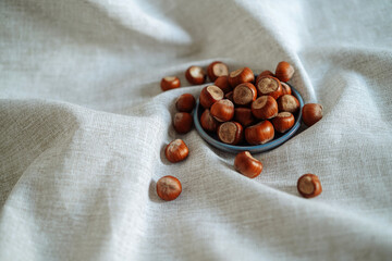 Unpeeled hazelnuts in small plate on grey cloth background