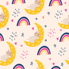 Seamless pattern with a small hippopotamus. Vector illustration with a baby pattern with a hippo sleeping on the moon. A pattern for the design of a children's room. Flat doodle style.