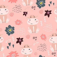 Seamless pattern with a small hippopotamus. Vector illustration with a baby pattern with a hippo and flowers. Design for the decoration of the children's room. Flat doodle style. Child pattern.
