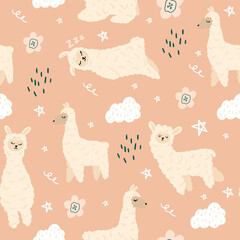 Seamless pattern with a set of lammas and clouds. Vector illustration with a children's pattern with lammas for the design of a children's room.Flat doodle style.