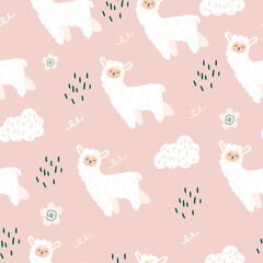 Seamless pattern with a cute llama with clouds.  A fabulous animal. Flat doodle style.  Vector illustration with a llama for decorating a children's room, wallpaper, fabrics, dishes, albums.