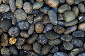 Small stone texture for background. Group of brown, grey and black pebbles, flat lay texture in daylight