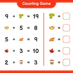 Counting game, count the number of Scarf, Tea Pot, Hat, Maple Leaf, Coffee Cup and write the result. Educational children game, printable worksheet, vector illustration