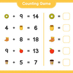 Counting game, count the number of Donut, Jam, Socks, Apple, Tea Cup and write the result. Educational children game, printable worksheet, vector illustration