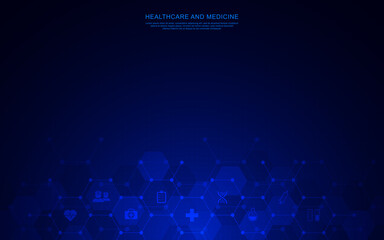 Vector illustration of healthcare and technology concept with flat icons and symbols. Template design for health care business, innovation medicine, pharmaceutical industry, science, medical research.
