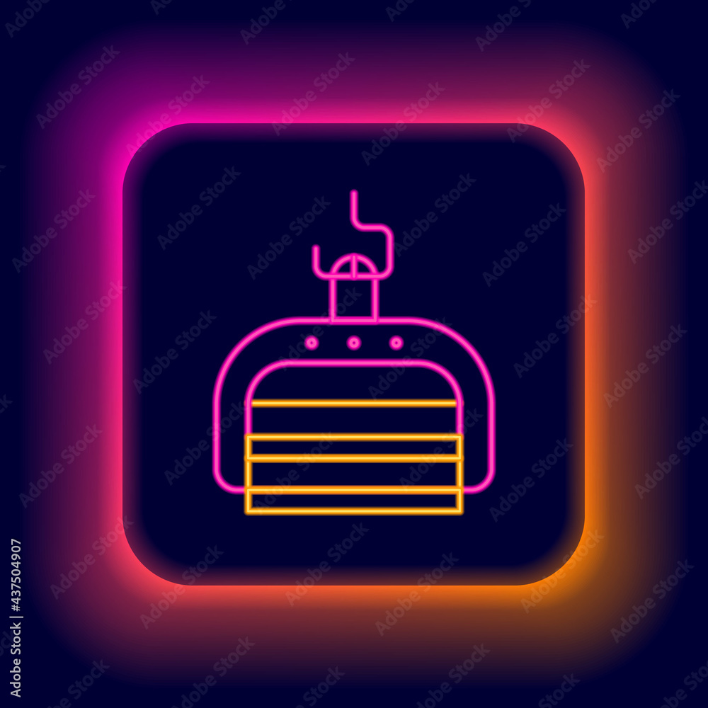 Sticker Glowing neon line Ski lift icon isolated on black background. Colorful outline concept. Vector