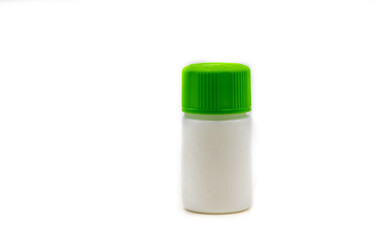 Plastic medical container for pills against on white background.
