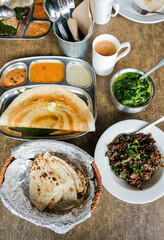 Popular Southern Indian cuisine / Lunch Meal of Butter and Plain Dosa, Cheese Naan, Palak Paneer, Mutton Chuka Varuval and Masala Tea / Delicious light meal for three