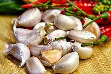 close-up view of garlic clove and spices