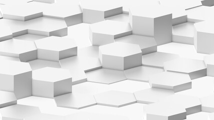 Abstract 3D geometric background, white hexagons shapes stacks, render technology illustration.
