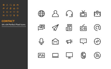 set of contact line icons, communication, address