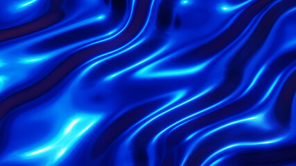 Blue chrome metal texture with waves, liquid metallic silk wavy design, 3D render illustration.